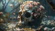 Close-up of a skull with eye sockets filled with blooming flowers, petals spilling over, set in a mystical forest setting
