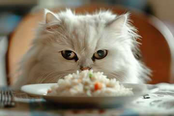 Wall Mural - A fluffy white Persian cat elegantly licking its lips after a meal of tender chicken and rice.