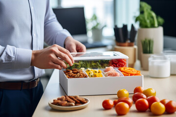 Wall Mural - Person is eating healthy balanced lunch at work. Prepared meal ready to eat at office. Lunch in container for office worker. Having lunch at work