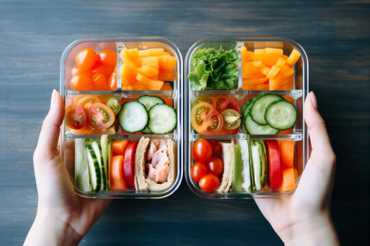 Person carrying lunchbox with meal. Eating healthy balanced lunch at work. Prepared meal ready to eat at office. Lunch in container for office worker. Having lunch at work. Catering service