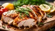 Roasted or seared chicken breast sliced on a cutting board with herbs and spices
