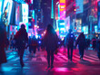 A busy city street at night with neon lights and people walking