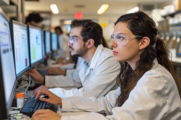 Two scientists in lab coats are working on a computer