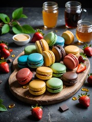 Sticker - AI generated illustration of colorful macarons with various flavors and syrups in soft lighting