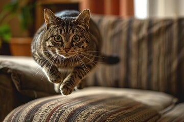 Comical photo of a cat caught midleap over a sofa, with an exaggerated expression of surprise on its face, adding a sense of action and unexpected humor