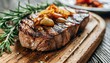 grilled steak with apples and rosemary sprigs on a wood board