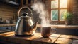 a steaming kettle is on top of a counter beside a mug