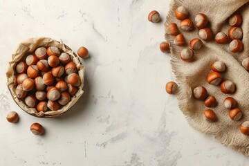 Poster - nuts are arranged in the bowl, as well as a linen