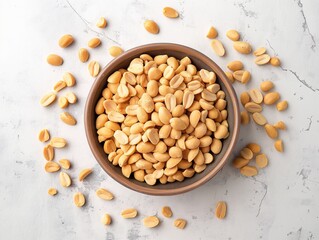 Sticker - a bowl of peanuts on a white marble table top view