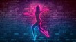 Dancing woman neon symbol on brick wall background