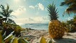 a pineapple sits in the sand near some coconut trees