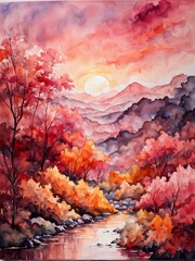 Wall Mural - a painting that is in a room with a pink sky and yellow trees