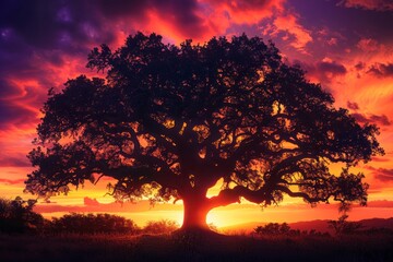 Canvas Print - a tree standing in the grass with sunset in background of it