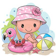 Cartoon Little Girl and crab on the beach