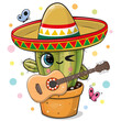 Cartoon cactus wearing a sombrero with a guitar