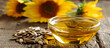 Freshly pressed sunflower oil, with sunflower in the background. AI generative