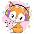 Cartoon Fox girl with headphones on a pink background