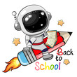 Cartoon astronaut is flying on a pencil on a white background
