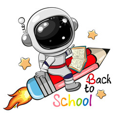 Wall Mural - cartoon astronaut is flying on a pencil on a white background