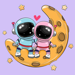 Wall Mural - cute cartoon astronauts on the moon boy and girl