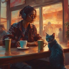 Wall Mural - AI generated illustration of a girl sitting by a window with her curious cat watching