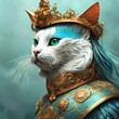 AI generated illustration of a blue cat is wearing a crown, dressing gorgeously
