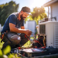 Ac technician repairing ac with kits wearing, Ai Generated