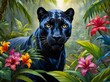 AI generated illustration of a black panther prowls amidst lush jungle foliage and flowers