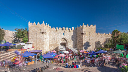 Wall Mural - Damascus Gate or Shechem Gate timelapse hyperlapse, one of the gates to the Old City of Jerusalem, Israel