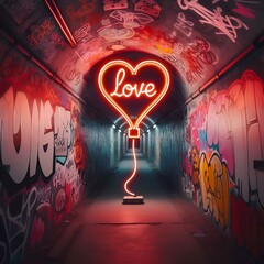 Wall Mural - Neon love sign in a graffiti tunnel, AI-generated.