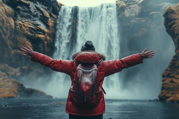 Wall Mural - AI generated illustration of a person in a red jacket admiring a waterfall in nature