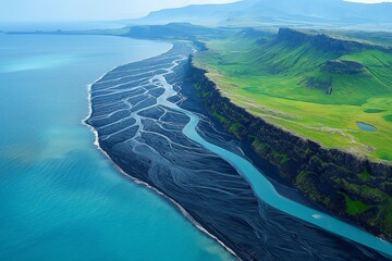 Wall Mural - AI generated illustration of a river flowing into ocean by lush green mountains