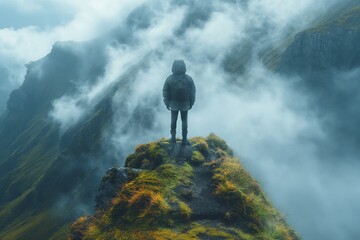 Wall Mural - AI generated illustration of a hiker on a mountain peak gazing at mist below