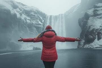 Wall Mural - AI generated illustration of a person on a snowy cliff by waterfall