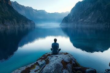 Wall Mural - AI generated illustration of a man sitting on rock, gazing at mountain range