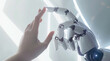 The human finger delicately touches the finger of a robot's metallic finger, sparks ignite between fingers. Concept of harmonious coexistence of humans and AI technology	
