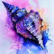 A watercolor painting of a seashell on a white background with watercolor splatters.