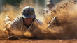 A baseball player sliding into home, stirring up dirt and dust.