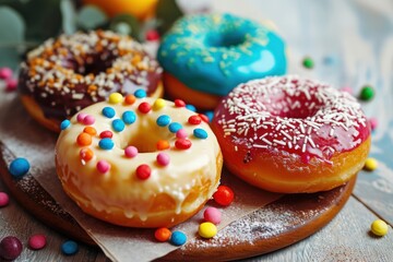 assorted donuts with chocolate frosted, pink glazed and sprinkles donuts. Donuts on a Background with Copy Space. 