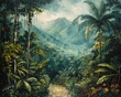 A vibrant painting of a lush tropical rainforest with a winding path leading towards distant mountains, capturing the beauty and mystery of nature