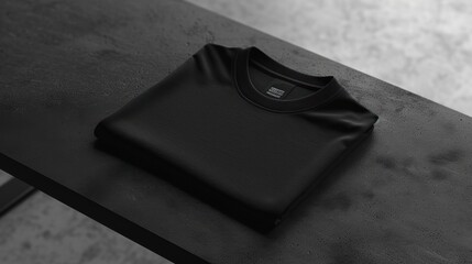 Wall Mural - A high-quality black t-shirt neatly folded on a textured dark surface, highlighting the fabric's texture and sleek design