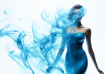 Wall Mural - Blue smoke around beautiful woman. Abstract background in a surrealist, elegant and fantasy style with minimalist, fluid and organic shapes