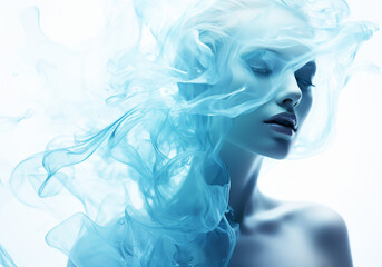 Wall Mural - Blue smoke around beautiful woman. Abstract background in a surrealist, elegant and fantasy style with minimalist, fluid and organic shapes