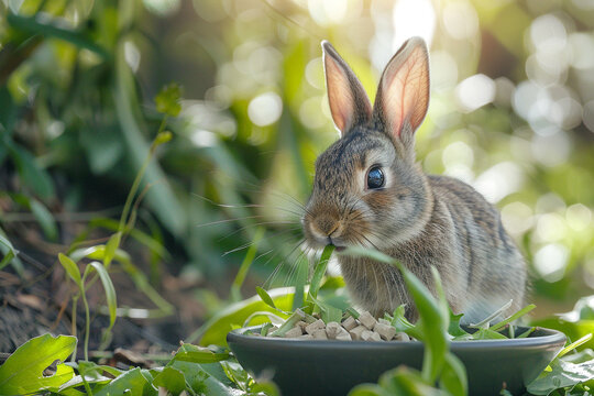 A small rabbit munching on fresh hay and enjoying a bowl of rabbit pellets.