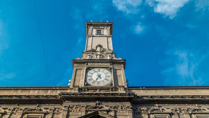 Poster - The Giureconsulti palace with clock tower timelapse on Mercanti square near Duomo square in Milan city center