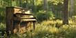 An old piano nestled among trees in a serene forest setting.