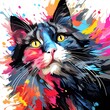 multi color cat graphic , in the style of glitch art, close-up shots, dark black and light black, inkblots, low resolution, avacadopunk, hyper-realism