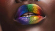 Black woman lips painted with rainbow lipstick