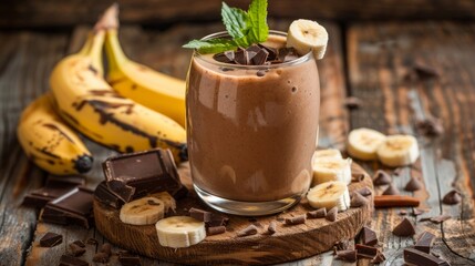 Chocolate banana smoothie on a rustic wooden background.