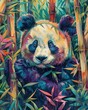 Serene and joyful watercolor of a panda bear, nestled in a vibrant bamboo forest, hand drawn in bright pastel background